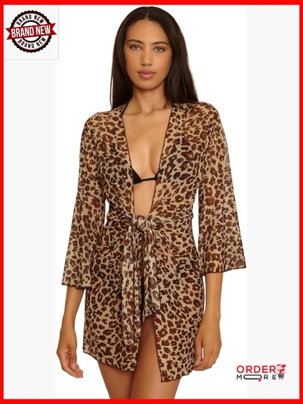 Sheer Mesh Tie Front Tunic Bell Sleeve Leopard Print Beach Cover Up